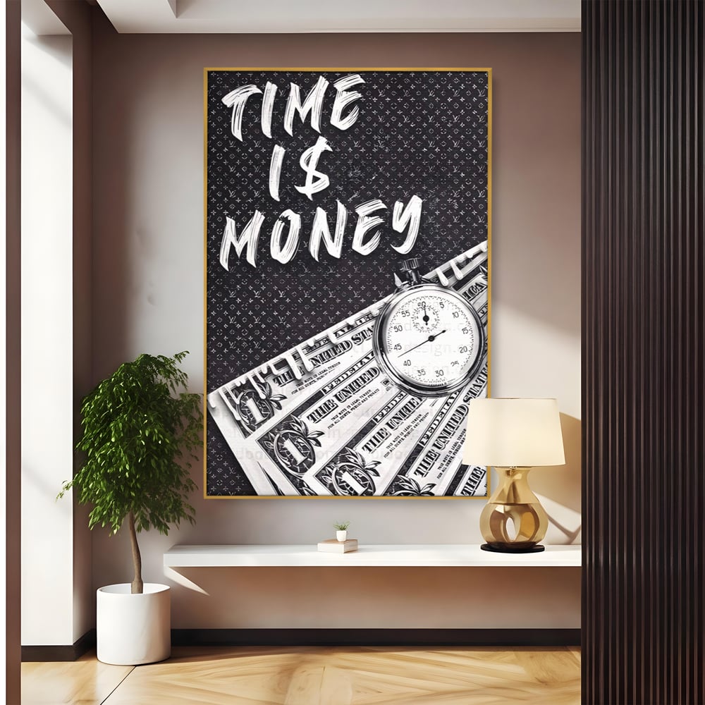 Tablou canvas cu tablou motivational cu bani si ceas, in rama de aluminiu auriu